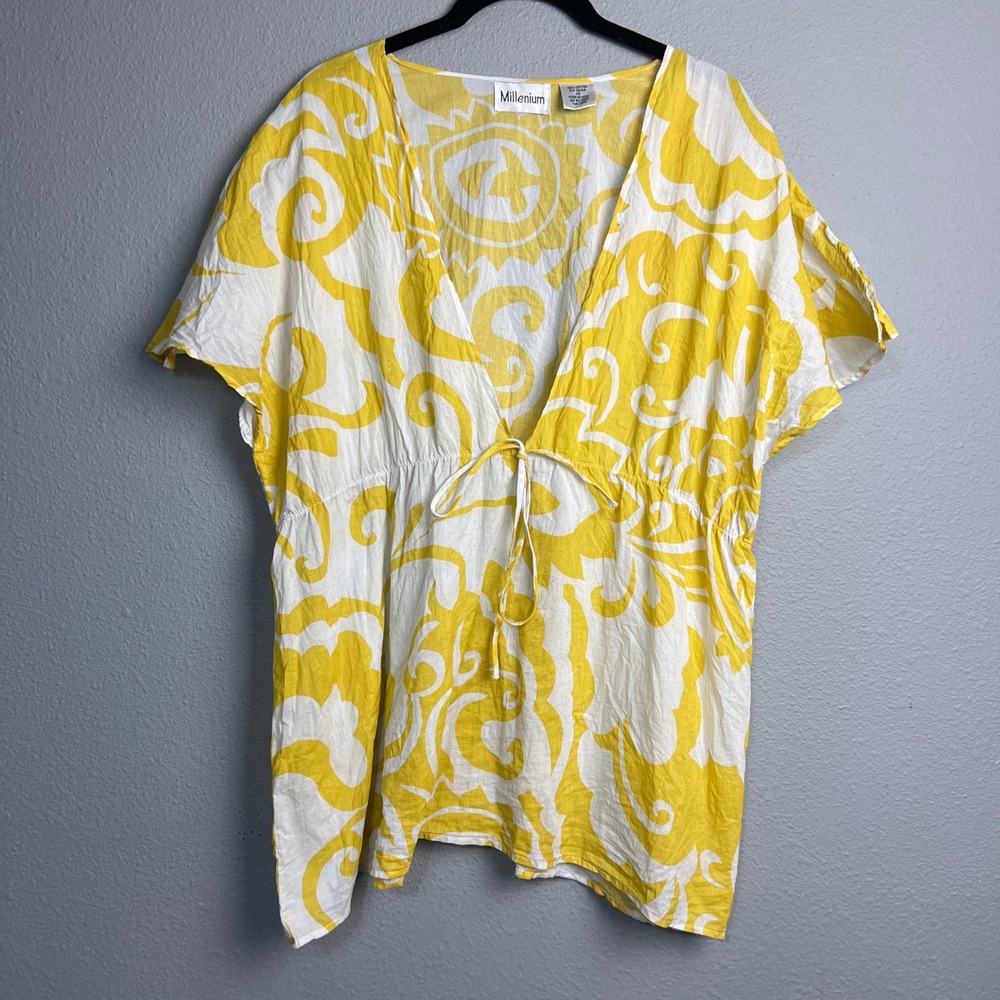 Millenium Cover-Up Size 14 Yellow White Floral Print Beach Resort Poolside Sheer